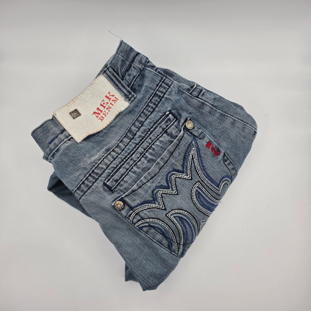 MEK Denim Jeans Mens 38x32 Light Blue Fair Embroidered Pockets Distressed Y2K